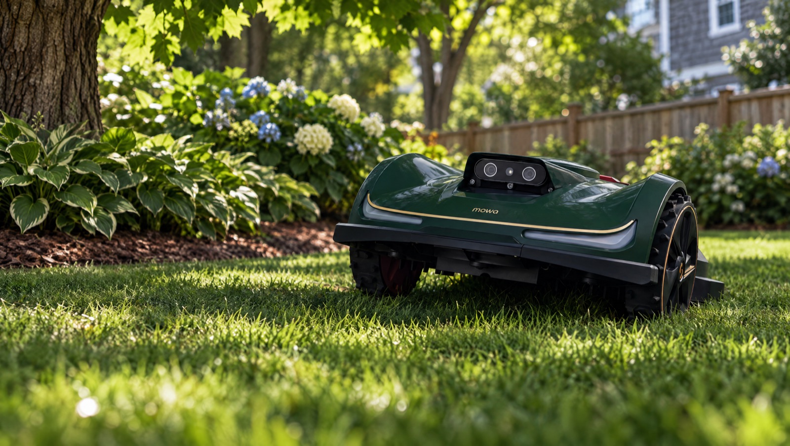Mowa robotic mower in a shaded backyard next to a garden bed