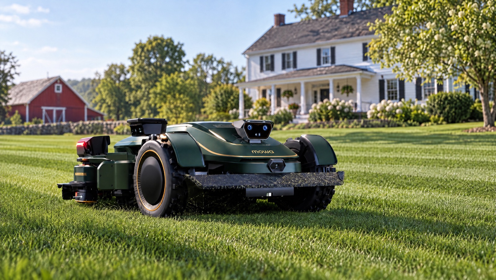 Mowa large-property robotic mower on an open farmhouse lawn