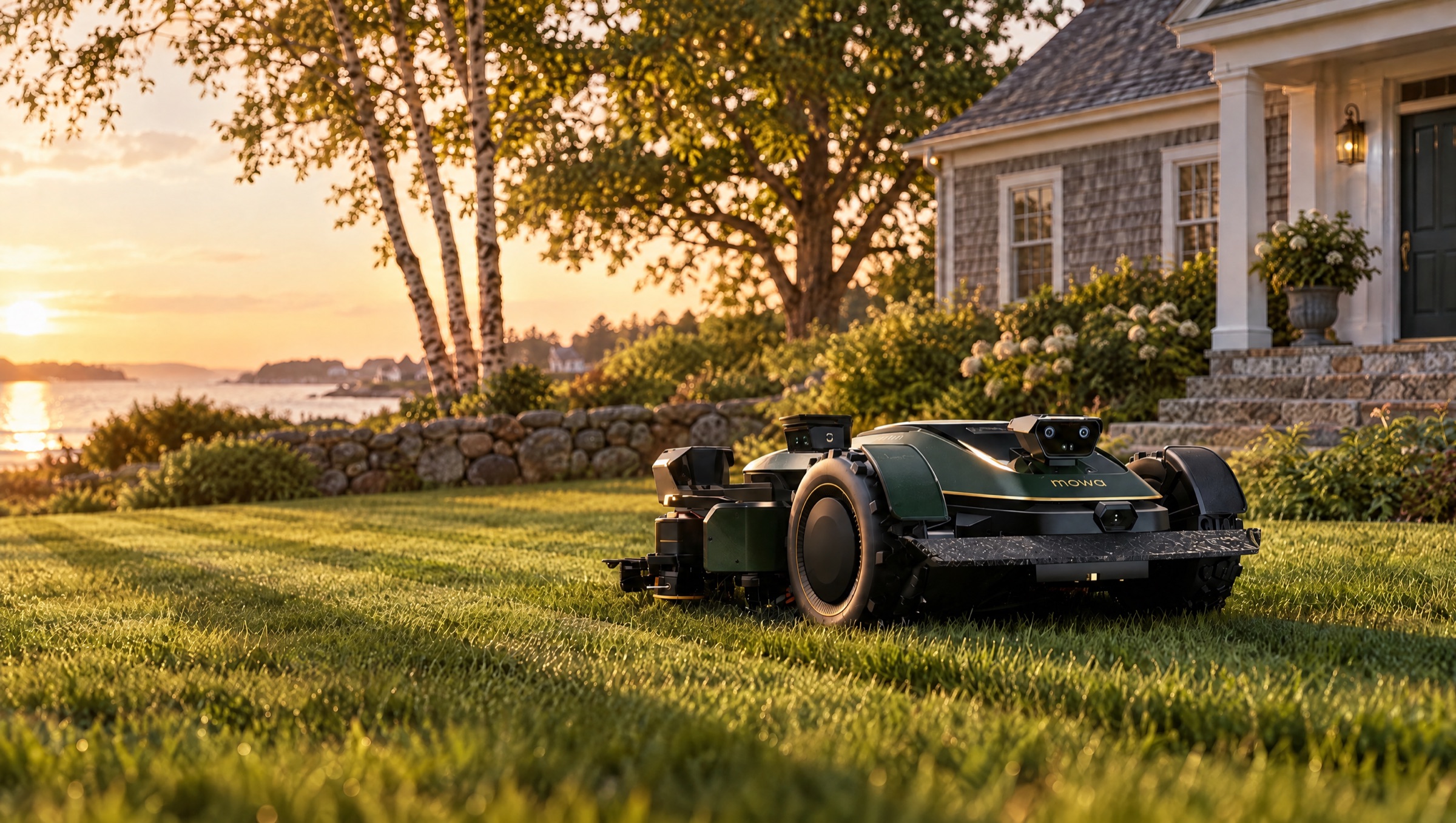 Mowa robotic mower on a Maine front lawn at sunset