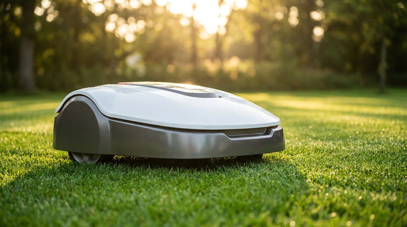 Robotic mower on a lawn at golden hour