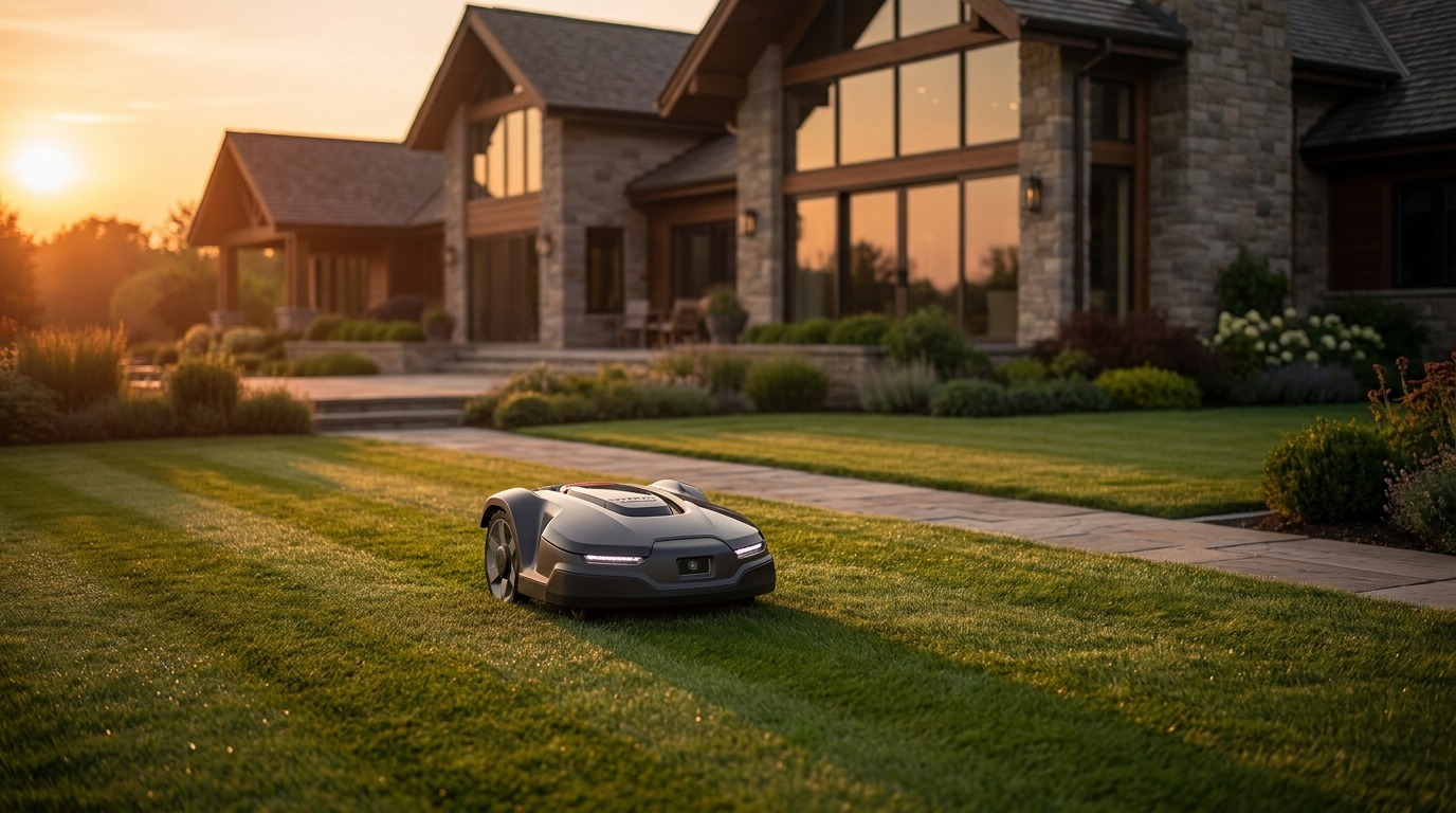 Robotic mower on a front lawn at sunset